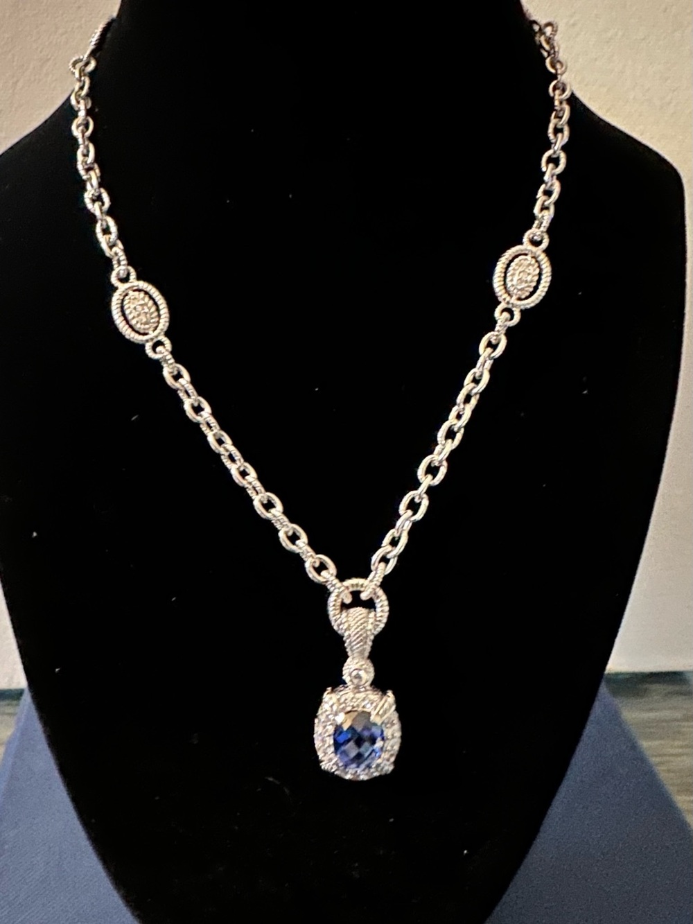 Judith Ripka 925 Sterling Silver Sapphire Blue Enhancer & Station Necklace 8”